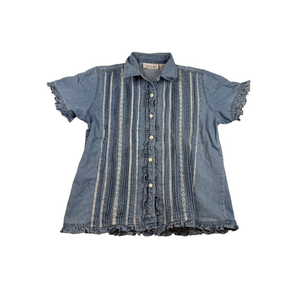 Casey & Max Womens Blue Denim Lace Trim Pintuck Ruffle Short Sleeve Top Medium